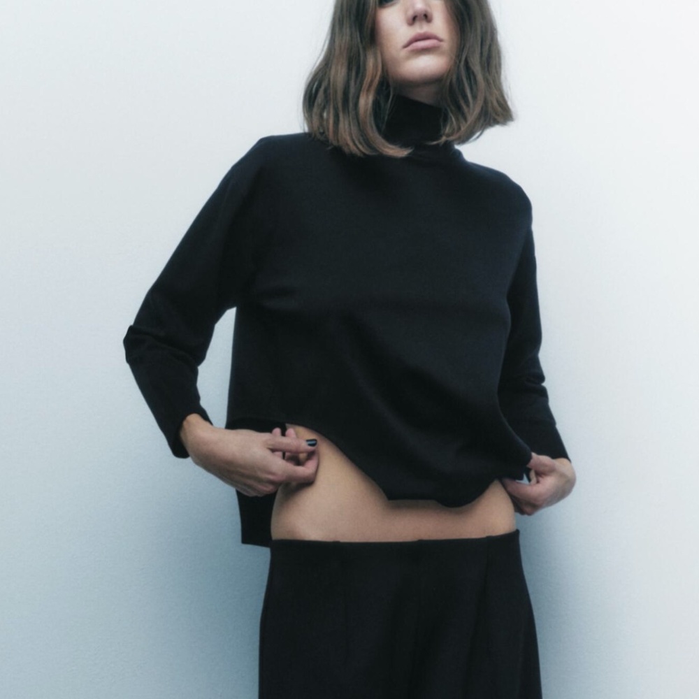 ZARA SMALL BLACK LONG SLEEVE HIGH NECK ASYMMETRIC TOP